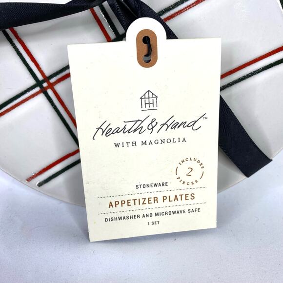 Hearth & Hand Magnolia Set of 2 Plaid Appetizer Plates Black Red Holidays NEW - Picture 5 of 11